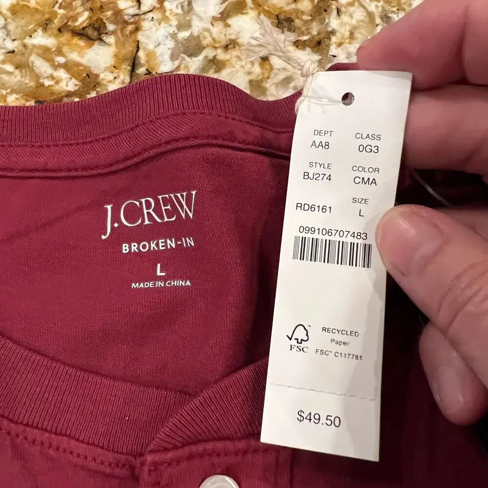 NWT J. Crew Men's Crimson Maple Red/Maroon Broken-In Henley Shirt